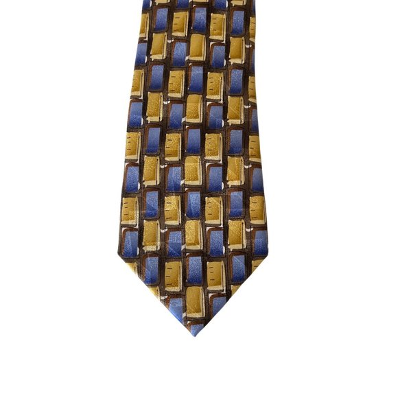 J. Garcia Fifty-Four Gold Blue Rectangles Geometric Silk Collection Neck Tie Gif - Picture 5 of 10